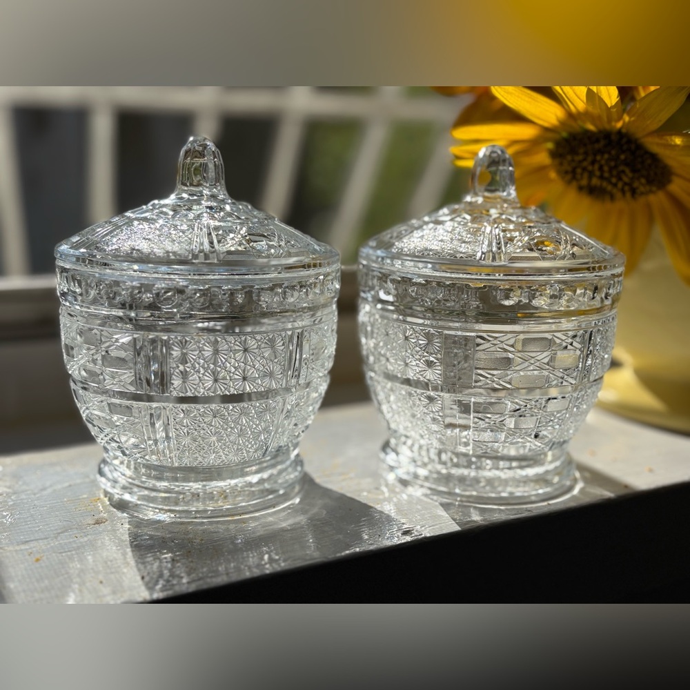 Fun daisy and cane 1960’s pressed glass candy/sugar lidded dishes
